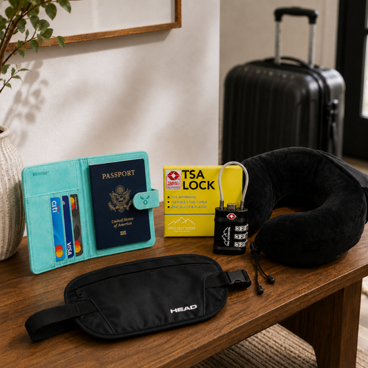 Combo Accesorios de Viaje 1 Candado + 1 Porta Pasaporte + 1 Cinturón + 1 Cojín