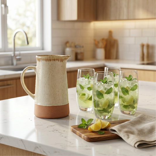 Combo Jarro Cerámica Wayu 1300 ml + 4 Vasos Altos Hausmann 500 ml