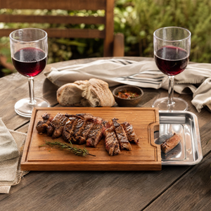 Combo Tabla de Asado Acacia 41,5 x 32 cm + 2 Copas Vino 440 ml