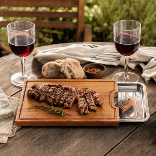 Combo Tabla de Asado Acacia 41,5 x 32 cm + 2 Copas Vino 440 ml