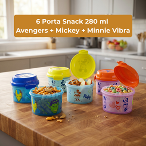 Combo 6 Porta Snack 280 ml 2 Avengers + 2 Mickey + 2 Minnie Vibra