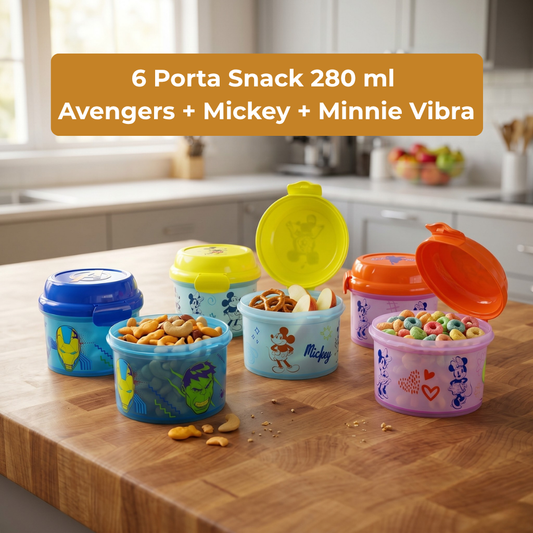 Combo 6 Porta Snack 280 ml 2 Avengers + 2 Mickey + 2 Minnie Vibra