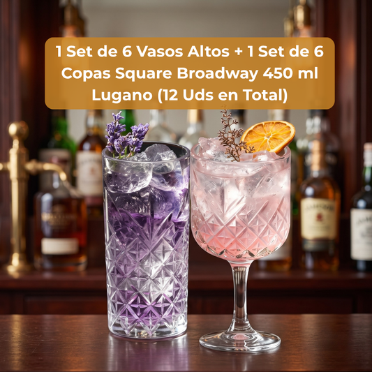 Combo 1 Set de 6 Vasos Altos + 1 Set de 6 Copas Square Broadway 450 ml Lugano (12 Uds en Total)
