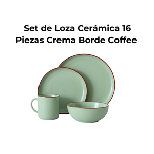 Set de Loza Cerámica 16 Piezas Crema Borde Coffee Decoexpress