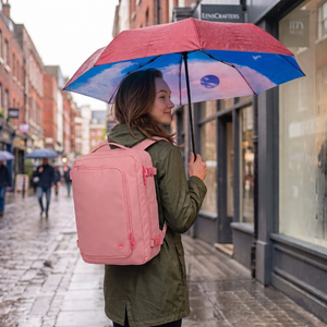 Combo Paraguas Retráctil Burdeo + Mochila de Viaje Viral Llaima Dakota 32L Rosado, Expandible Repelente al agua