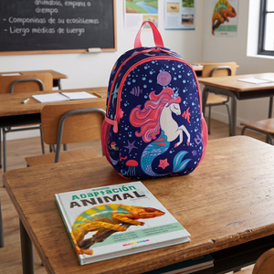 Combo Escolar: Libro Adaptación Animal + Mochila Saxoline Kids 13L Sirena Azul