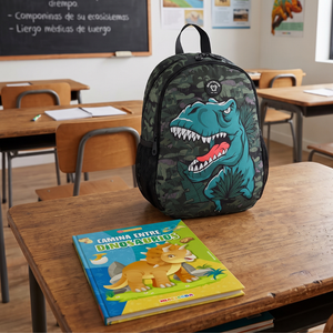 Combo Escolar: Libro Camina Entre Dinosaurios + Mochila Saxoline Homeschool 13L Dino Negra