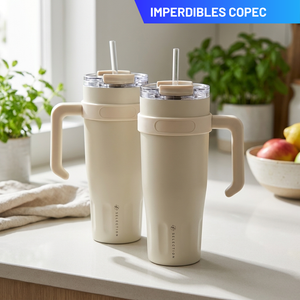Combo 2 Mugs Térmicos 1,1 L Beige con Asa y Bombilla