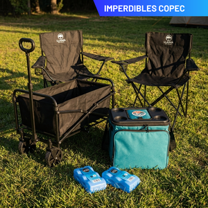 Combo Carrito Plegable Navigator 80 kg + Cooler Plegable Copec RallyMobil 20 L + Icepack Duro 2 x 400 g + 2 Sillas de Camping Llaima Negras
