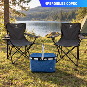 Combo Canasto Cooler Plegable 18 L Azul + 2 Sillas de Camping Plegables Llaima Negras
