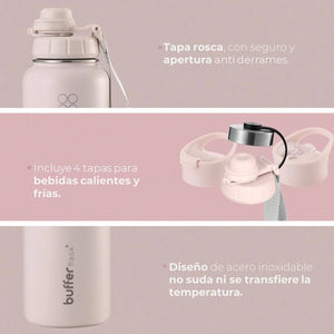 Botella Térmica Buffer Acero Inoxidable 950ml +4 Tapas Rosa Pastel