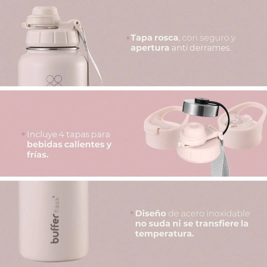 Botella Térmica Buffer Acero Inoxidable 950ml +4 Tapas Rosa Pastel