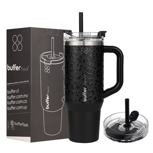 Botella Termica Mug Buffer Bora Bora 1,2Lt Frio y Calor Negro Leopard