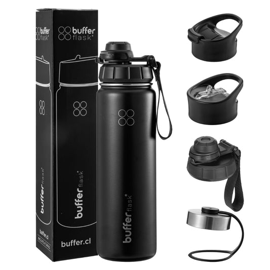 Botella Agua Térmica Buffer Morea 700ml + 4 Tapas Negro