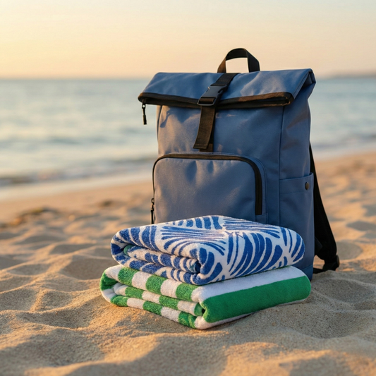 Combo Mochila Saxoline Preston Roll top 35L Blue + Toalla de Playa Redonda 150 cm. Colores surtidos.