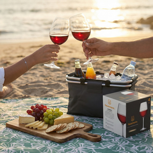Combo Set 4 Copas Vino + Tabla Madera + Manta Picnic + Cooler 18Lt