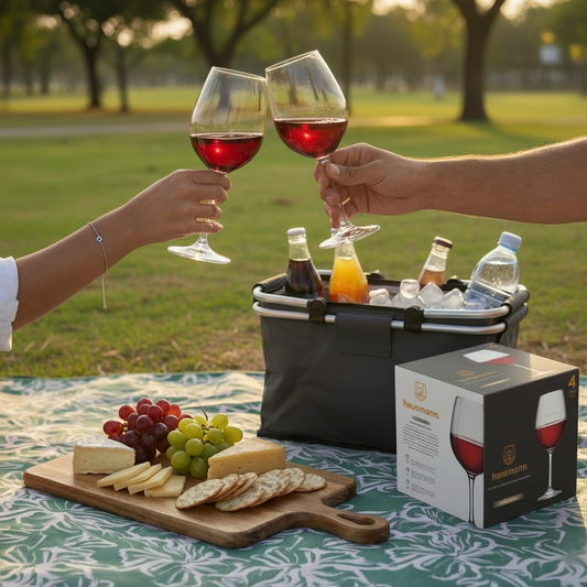 Combo Set 4 Copas Vino + Tabla Madera + Manta Picnic + Cooler 18Lt