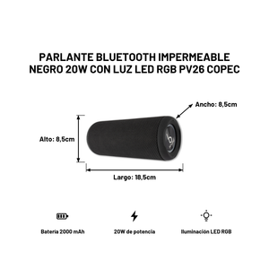 Parlante Bluetooth Impermeable Negro 20W con Luz LED RGB PV26 Copec
