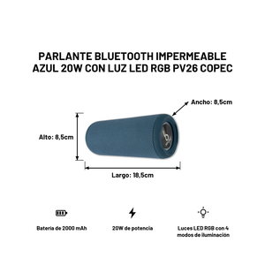 Parlante Bluetooth Impermeable Azul 20W con Luz LED RGB PV26 Copec