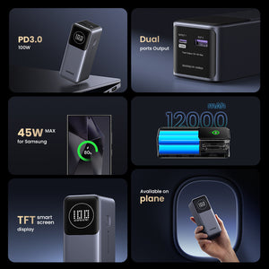 Mega PowerBank Ugreen 100W  12.000Mah. Para Notebooks, Tablets y Smartphones — infografía de características