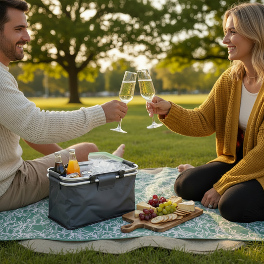 Combo Set de 4 Copas de Espumante + Tabla Madera + Manta de Picnic + Cooler 18Lt