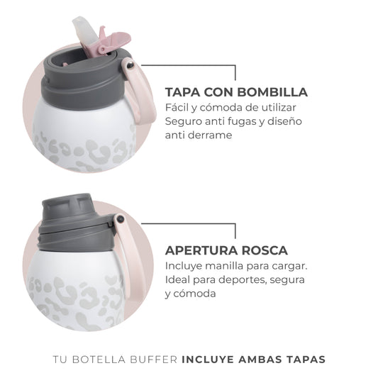 Termo Agua Botella Termica Buffer Capri Acero Inoxidable 1L +Tapas Ice Leopard