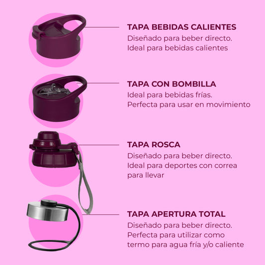 Termo Botella Agua Termica Buffer Morea Acero Inoxidable +4 Tapas Dani Pink