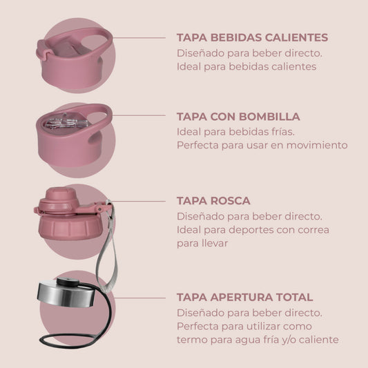 Termo Botella Agua Termica Buffer  Morea Acero Inoxidable +4 Tapas Pinky