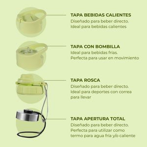 Termo Botella Agua Termica Buffer Morea Acero Inoxidable +4 Tapas Citrus Green