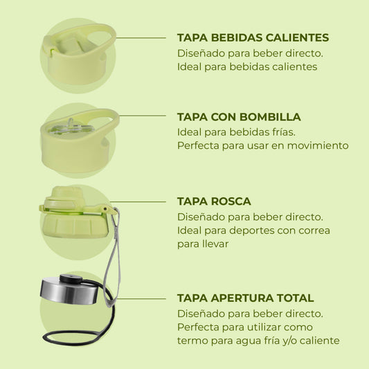 Termo Botella Agua 1L Termica Buffer Morea Acero Inoxidable +4 Tapas Citrus Green