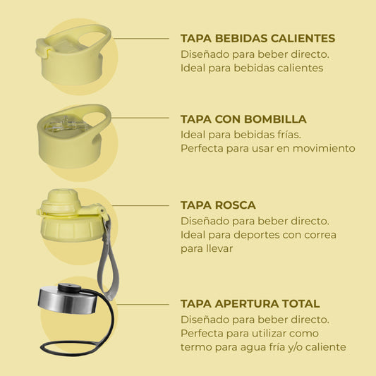 Termo Botella Agua Termica Buffer Morea Acero Inoxidable +4 Tapas Lemon