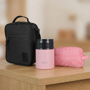 Combo 3x Estuche Ayla Rosado + Lonchera Gourmet Negro Saxoline + Termo 900Ml Rosado Gout