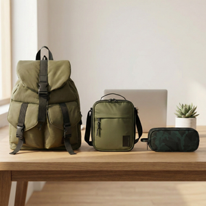 Combo 3x Lonchera Gourmet Oliva + Mochila Venice 22Lts Oliva + Estuche Eastside Verde Camo Saxoline