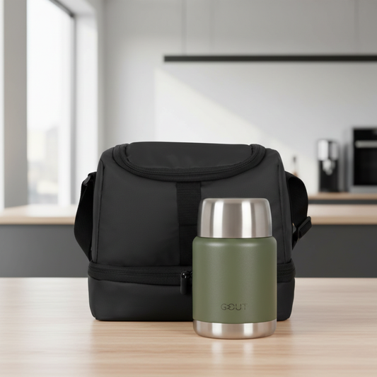 Combo Lonchera Longboard 8Lts Negro Saxoline + Termo De Comida 500 Ml Granulado Verde Gout