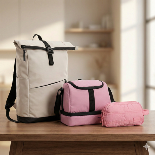 Combo 3x Estuche Ayla Rosado + Mochila Cairo 30Lts Beige + Lonchera Longboard  Rosa Saxoline