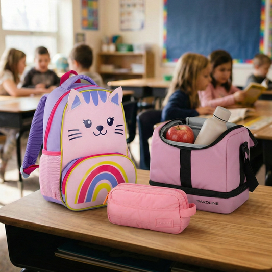 Combo 3x Mochila Preescolar Gato Rosada + Estuche Ayla Rosado Saxoline + Lonchera Longboard Rosa Viejo Saxoline