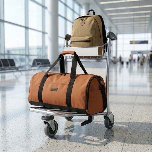 Combo Mochila Jane Café Llaima. Tela impermeable + Bolso Duffel 40L-Large. Nyla Brown Saxoline