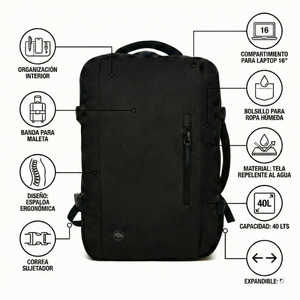 Mochila Viaje Viral XL 40L Llaima Negro. Repelente al agua BTS26