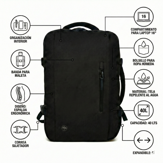 Mochila Viaje Viral 40L Llaima Negro. Repelente al agua BTS26