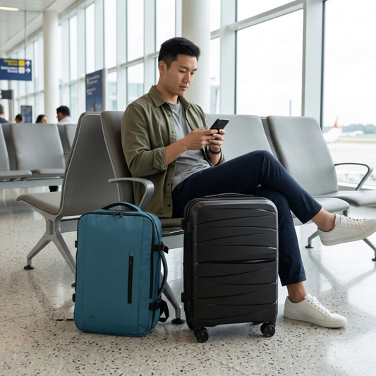 Combo Mochila Viaje XL 40Lts Azul Piedra Llaima Resistente al Agua + Maleta de Cabina Negra