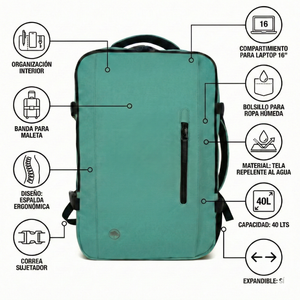 Combo Mochila Viaje XL 40Lts Menta Llaima Resistente al Agua + Maleta de Cabina Negra
