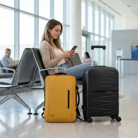 Combo Mochila Viaje XL 40Lts Mostaza Llaima Resistente al Agua + Maleta de Cabina Negra