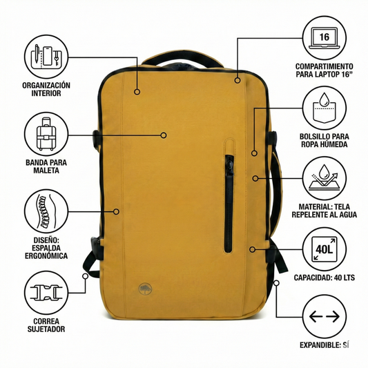 Combo Mochila Viaje XL 40Lts Mostaza Llaima Resistente al Agua + Maleta de Cabina Negra