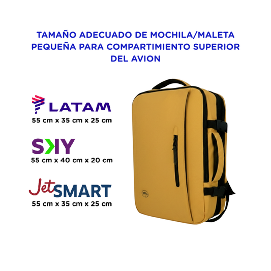 Combo Mochila Viaje XL 40Lts Mostaza Llaima Resistente al Agua + Maleta de Cabina Negra