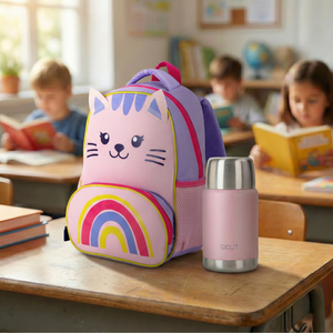 Combo Mochila Preescolar Gato Rosada + Termo De Comida 500 Ml Granulado Rosado Gout