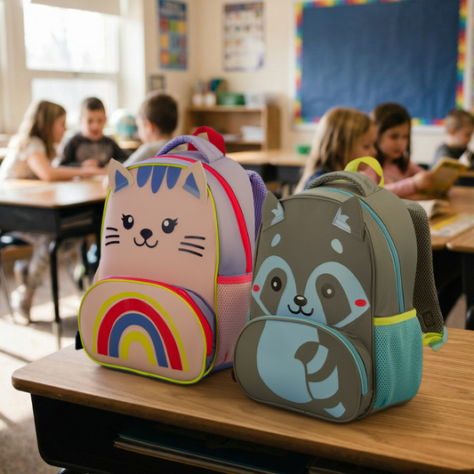 Combo Mochila Preescolar Gato Rosada + Mochila Preescolar Mapache Gris