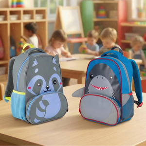 Combo Mochilas Preescolar Mapache Gris + Tiburón Azul