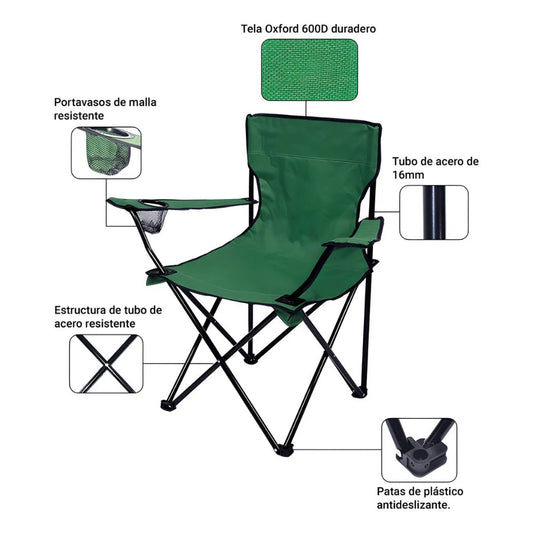 Combo: Silla Plegable Verde + Toalla de Playa Redonda 150 cm. Colores surtidos.