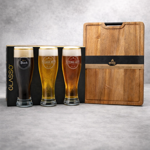 Combo Set 3 Vasos Cerveza Glasso 460 ml + Tabla Asado Con Bandeja Metálica.