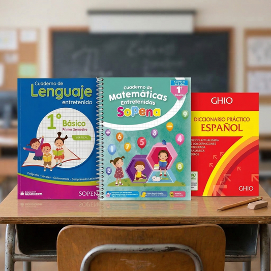 Combo Escolar Cuaderno Matemática 1 Básico + Lenguaje I Semestre Vertical + Diccionario Ghio Práctico Lengua Española – Libertad S.A.